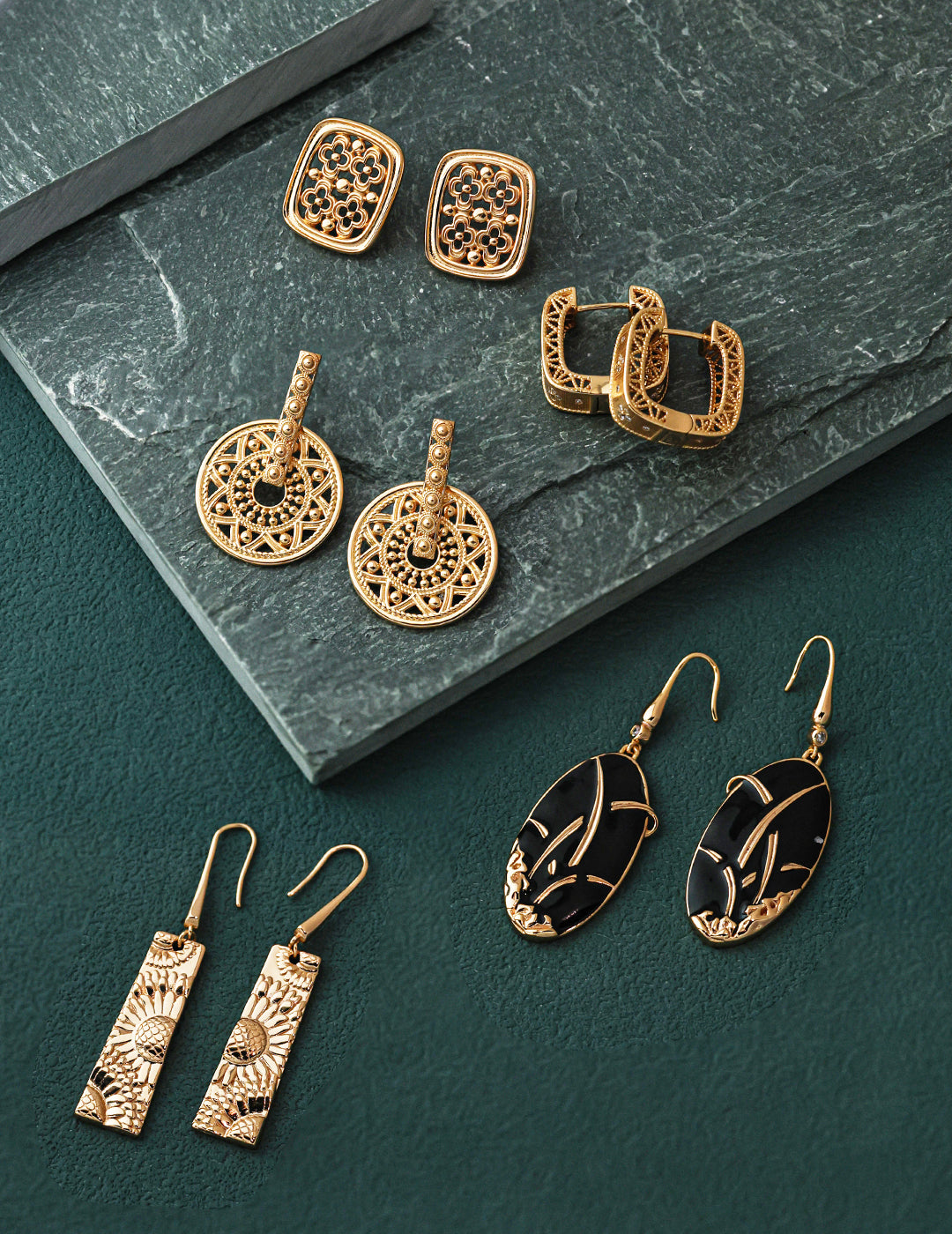 Sunflowers set in a distinctive rectangular plate, these golden earrings are worth putting your hair up to showcase their brilliance